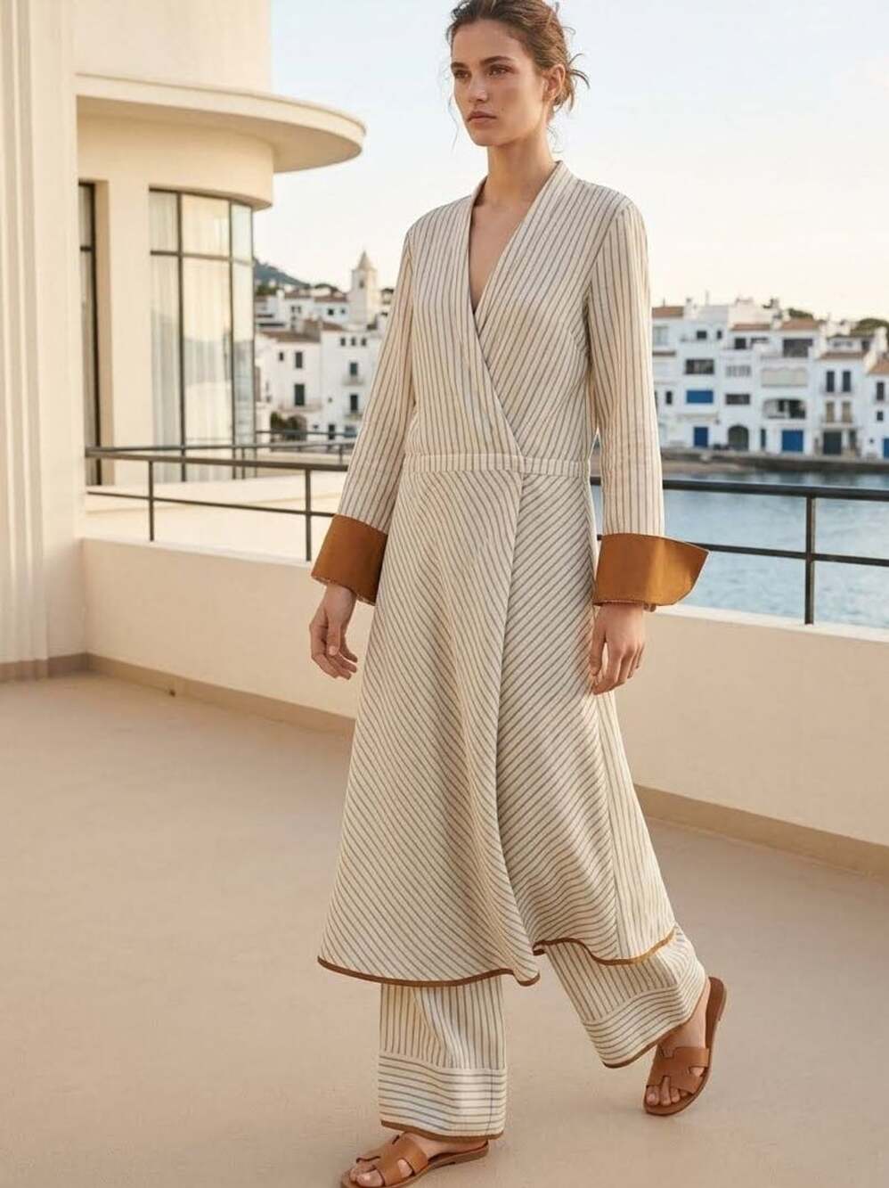 Zara Contrast Striped Long Sleeve Dress and Pants Co-Ord Set